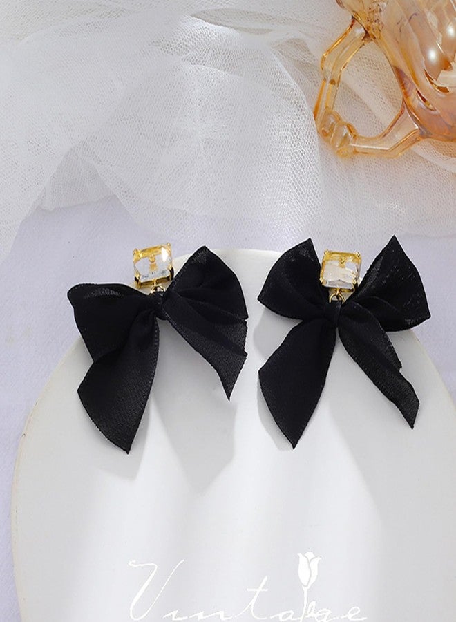Aktully Crystal Bow Earrings for Women Black Ribbon Bowknot Stud Earrings Square Clear Rhinestone Earrings Tiny Bow Tie Ribbon Dangle Earrings Christmas Birthday Trendy Jewelry for Women (Black) - Image 5